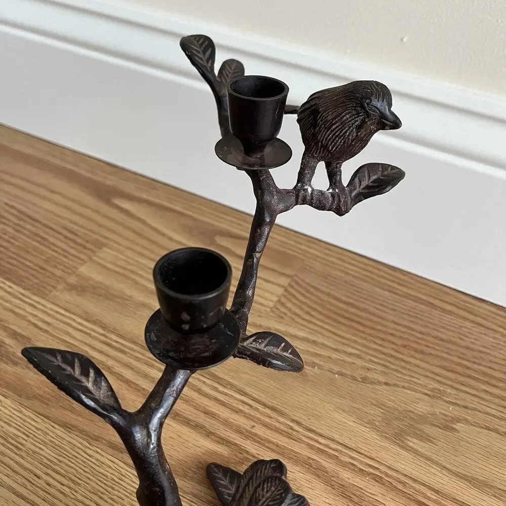 Vintage patinated brutalist abstract birds on branch candelabra metal 3 candles